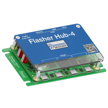 Image of a Segger Flasher Hub-4 device, featuring a blue top panel labeled “Flasher Hub-4” with connection ports for USB and Ethernet. The base is green with multiple buttons and connectors, designed for programming applications. Code QR is also visible on the top panel.