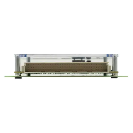 A transparent electronic device casing shows a circuit board with a connector and a row of gold-plated pins. The device is positioned horizontally, highlighting its flat profile and connections, emphasizing its technical design.