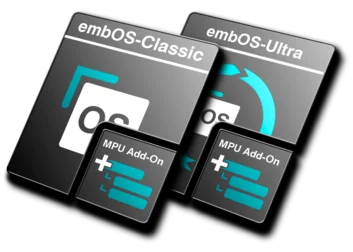 Image of software package icons featuring "embOS-Classic," "embOS-Ultra," and "MPU Add-On." The icons are designed in a sleek, modern style with a black background and turquoise accents, representing different versions and add-ons of the embOS operating system.