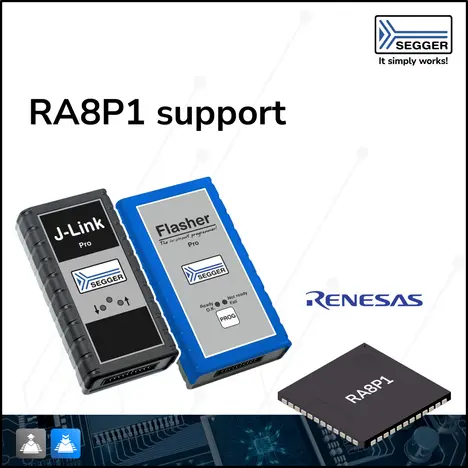 News Graphic: J-Link and RA8P1 J-Link devices alongside Renesas RA8P1