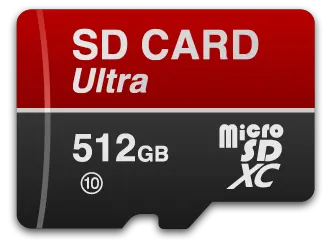 Image of a micro SD card labeled "SD CARD Ultra" with a storage capacity of "512GB" and a speed class indicator "10." The card features a red and black design.