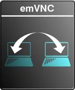 A logo featuring the text "emVNC" at the top. Below, two stylized laptop icons with arrows indicating a connection between them, symbolizing remote access or communication.
