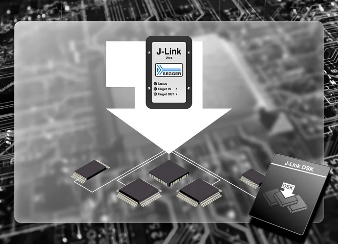 An illustration of a J-Link debugger connected to multiple microchips, demonstrating a programming or debugging process. The J-Link device is shown at the top with an arrow pointing down toward the microchips, indicating data flow. A J-Link DSK is also present on the right.