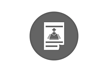 Icon depicting a document with an upward arrow, symbolizing an upload function. The document features lines to suggest text and is set against a circular background.