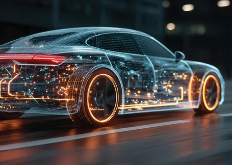 A futuristic, transparent car is depicted with glowing lines and circuits forming its structure. The vehicle appears to be in motion, showcasing illuminated wheels and a sleek design against a blurred urban background. The overall aesthetic suggests advanced technology and innovation in automotive design.
