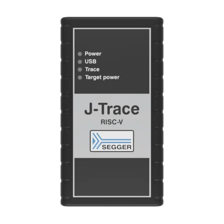 A black device labeled "J-Trace RISC-V" with status indicators for Power, USB, Trace, and Target power. It features the SEGGER logo and a simple rectangular design. The device is used for debugging and programming RISC-V microcontrollers.