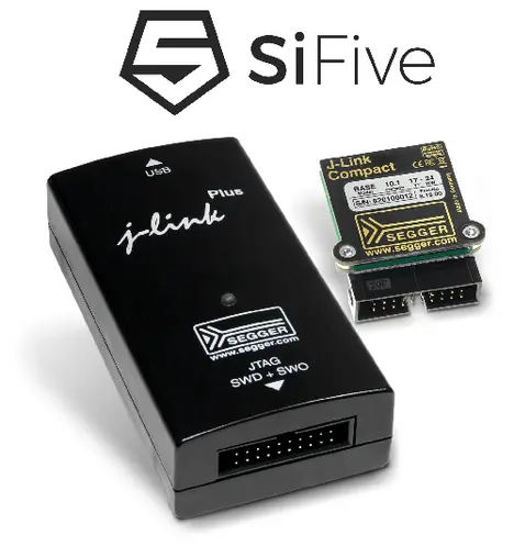 An image featuring a J-Link Plus USB interface and a J-Link Compact debugger, both designed for programming and debugging microcontrollers. The SiFive logo is displayed above the devices.