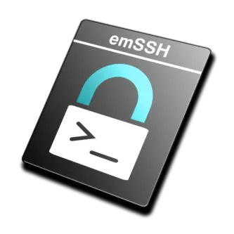 The image features a tablet-like icon displaying the text "emSSH" at the top. Below, a stylized padlock symbol sits in front of a command prompt symbol, suggesting a focus on secure remote access or communication. The overall design emphasizes security and technology.
