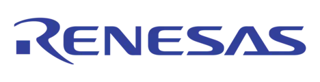 The image features the logo of Renesas, a company known for semiconductor solutions. The logo displays the name "RENESAS" in bold blue uppercase letters, with a stylized swirl above the "R." The design emphasizes a modern and technological aesthetic.