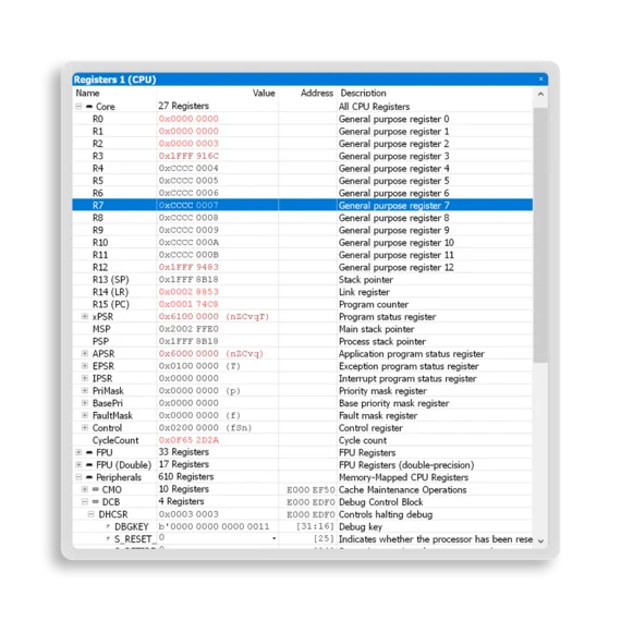 Text displays a list of CPU registers, including their names, values, addresses, and descriptions. Each register is categorized, such as general-purpose registers and special function registers, with corresponding hexadecimal values and functions specified. The structure appears similar to a table or spreadsheet format.