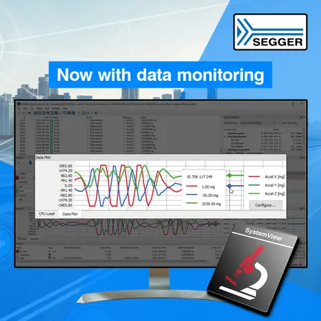 A computer monitor displays a data monitoring software interface featuring data plots in red, green, and blue lines. The plots represent acceleration and CPU load data. The SEGGER logo is visible in the top corner, highlighting the software's functionality in system monitoring.