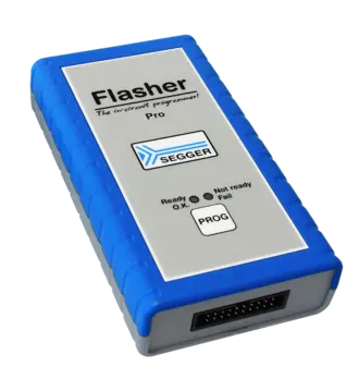 A compact in-circuit programmer device labeled "Flasher Pro" with a blue and gray casing. It features buttons and indicator lights for "Ready," "Not ready," and "Fail." The device is used for programming and debugging electronic circuits.