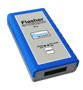 A compact in-circuit programmer device labeled "Flasher Pro" with a blue and gray casing. It features buttons and indicator lights for "Ready," "Not ready," and "Fail." The device is used for programming and debugging electronic circuits.