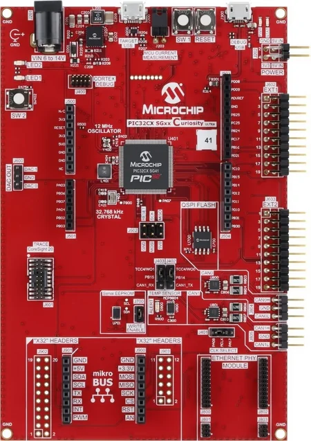 The image displays a red circuit board labeled "Microchip PIC32CX SGxx Curiosity Ultra." It features various components including microcontrollers, oscillators, headers, and connectors for programming and communication. The layout highlights areas for power input, debug ports, and sensory modules.