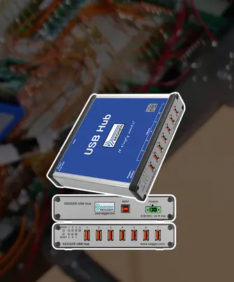 SEGGER USB Hub Front and backside of SEGGER USB Hun, including seven USB ports