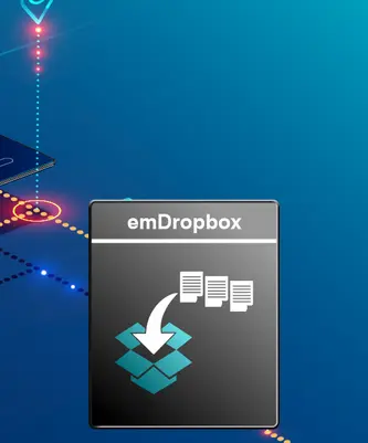 The image displays an emDropbox logo, featuring a downward arrow symbol over a stylized cloud. It emphasizes the concept of downloading or transferring documents to cloud storage, set against a vibrant blue background with abstract connections and dots.