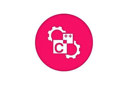 Icon featuring the letter "C" surrounded by gears and a code symbol, representing programming and development in C++. The background is a vibrant pink, emphasizing technology and software development themes.