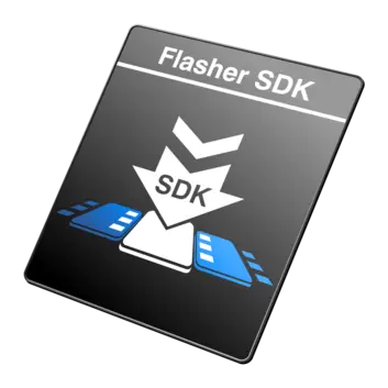 An icon representing "Flasher SDK." It features a black background with the text "Flasher SDK" at the top. Below, an arrow points downward towards the word "SDK," flanked by two blue rectangles resembling circuit boards.