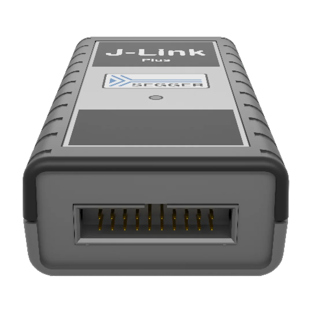 Image of a J-Link Plus debugging device, featuring a rectangular shape with a gray and black color scheme. The front has a connector with multiple gold pins visible, and a label reading "J-Link Plus" along with a logo.