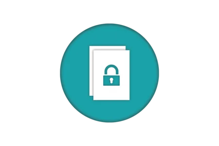 Icon depicting two stacked documents with a padlock symbol in front, all set against a teal circular background. The design suggests themes of document security and confidentiality.