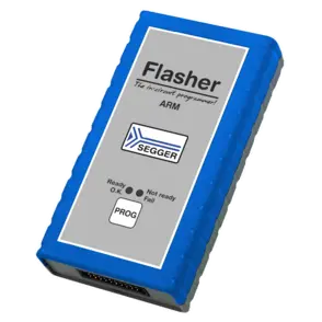 A blue device labeled "Flasher" designed for programming ARM systems. It features an interface with indicators for "Ready," "Not Ready," and "Fail," along with a button labeled "PROG." The device is compact and intended for in-circuit programming applications.