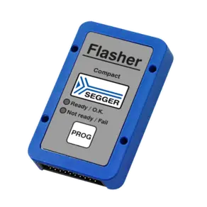 A compact blue device labeled "Flasher" on a gray background, featuring the SEGGER logo. It displays indicators for status: “Ready / O.K.” and “Not ready / Fail,” along with a "PROG" button for programming functions.