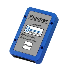 A compact blue device labeled "Flasher" on a gray background, featuring the SEGGER logo. It displays indicators for status: “Ready / O.K.” and “Not ready / Fail,” along with a "PROG" button for programming functions.