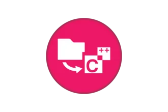 Icon featuring a folder, an arrow indicating transfer, and symbols representing C and C++ programming languages. The background is pink.