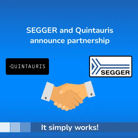 PR graphic: SEGGER and Quintauris SEGGER and Quintauris logos with handshake graphic