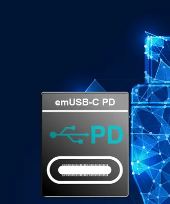 Image features a diagram of a USB-C port labeled "emUSB-C PD" with the letters "PD" highlighted. The background consists of a dark blue gradient with digital lines and shapes, suggesting a technology theme. The focus is on the USB-C connection type.