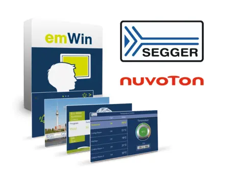 The image features the emWin software logo alongside the SEGGER and Nuvoton logos. Various screens display functionalities related to temperature control and washing programs, showcasing user interfaces for managing settings like temperature and cycles for different fabric types.