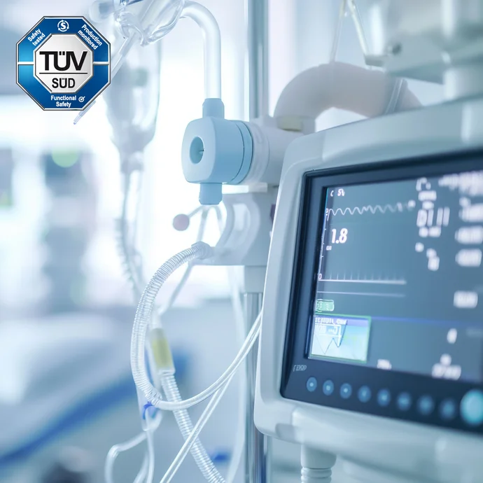 A medical monitor displays patient data on a screen, including respiratory indicators and oxygen levels. In the foreground, a medical device is partially visible. A TÜV SÜD safety certification logo indicates that the equipment has been tested for safety and functionality.