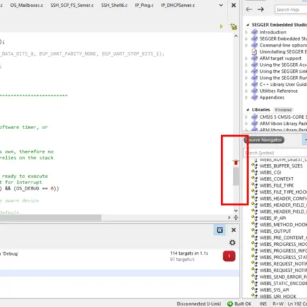 The image shows a coding interface with source code displayed on the left, including function calls and comments about software timers. On the right, there is a source navigator panel containing a list of libraries and functions related to embedded systems programming.