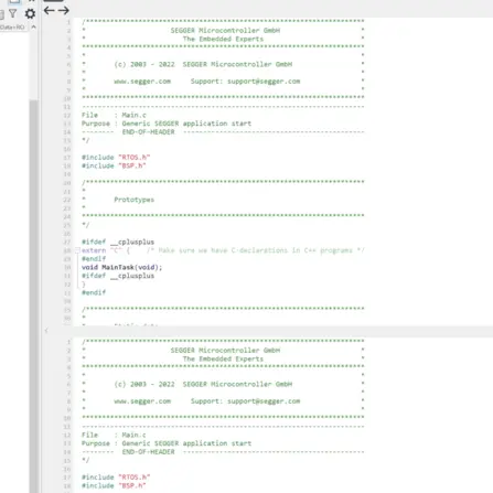 The image displays a code snippet from a C programming file for a SEGGER embedded application. It includes comments, header information, and function prototypes for RTOS and BSP integration. Key features include references to extern "C" for C++ compatibility and a main task function declaration.
