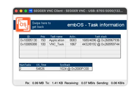SEGGER VNC Client on macOS connected to STM32F746-DISCO board running emVNC Server virtual display playing product demo