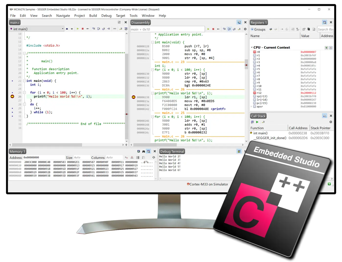 Embedded Studio Screenshot Screen with Embedded Studio screenshot and angled Embedded Studio icon
