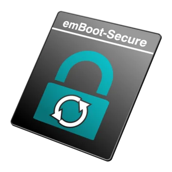 A graphical logo featuring a closed padlock with a circular arrow symbol, indicating security and refresh capability. The text “emBoot-Secure” is displayed at the top. The overall color scheme is dark with a blue-green padlock design.