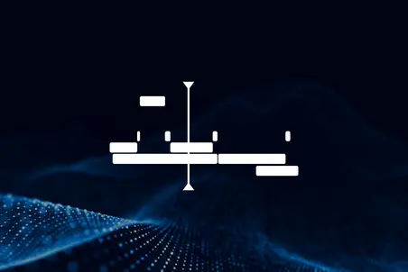 An abstract graphic featuring a series of horizontal and vertical lines and shapes arranged centrally on a dark background. The design suggests a digital or technological theme, with light effects that create depth and a sense of movement.