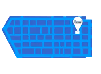 A simplified map layout in blue shades, depicting a street grid with a marked location for "SEGGER." The highlighted spot indicates the company's position on the grid, helping with navigation.