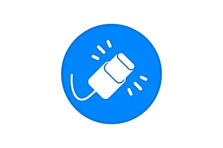 A white device with a cord emits lines indicating movement or activity, set against a blue circular background. The icon symbolizes connectivity or interactive technology.