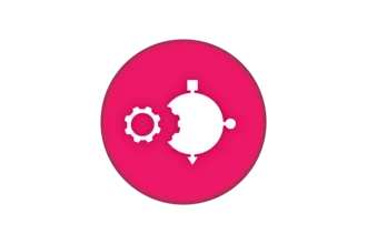 A white icon featuring a gear and a circular globe symbol on a vibrant pink circular background. The gear signifies mechanics or settings, while the globe represents global connectivity or navigation. The overall design is simple and modern.