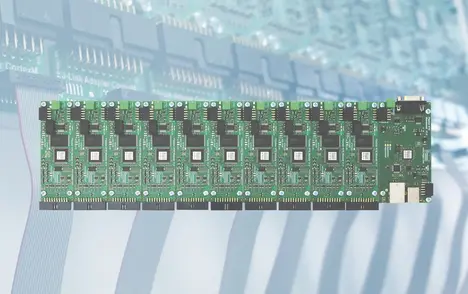 An electronic circuit board featuring multiple microchips arranged in a row, designed for processing or control functions. The board has various components, including connectors and soldered elements, indicating its use in technology applications. The background shows a hint of additional circuit patterns.