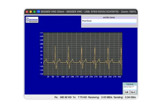 SEGGER VNC Client on macOS connected over USB to a STM32F746-DISCO board using a emVNC Server virtual display to play SEGGER demo