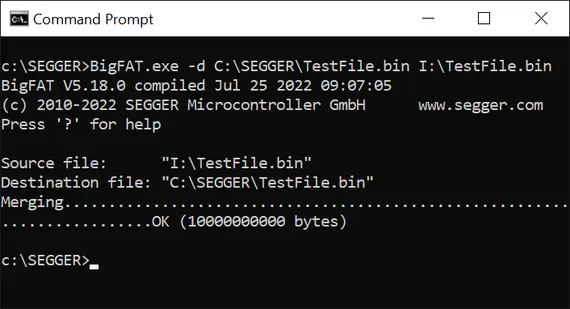 The image displays a Command Prompt window showing the execution of a BigFAT tool. It indicates a merging operation from a source file ("I:\TestFile.bin") to a destination file ("C:\SEGGER\TestFile.bin") with a successful completion message of "OK (1000000000 bytes)."