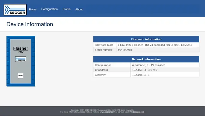 Web server showing device information of Flasher PRO
