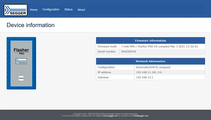 Web server showing device information of Flasher PRO
