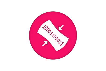 A round, bright pink graphic featuring a white rolled-up piece of paper with the binary code "100011011" printed on it. Arrows point inward, suggesting a process of conversion or transformation.