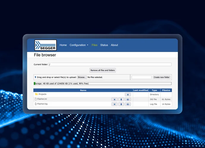 The image displays a file browser interface labeled "File browser" by SEGGER. It shows the current folder as root, with options to upload files and a list of files including "Projects," "Flasher.ini," and "Flasher.log," along with their sizes and last modified dates.
