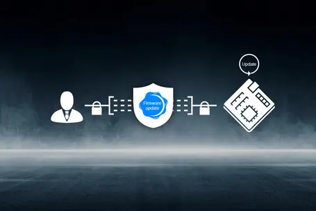 The image depicts a concept of a firmware update process. It includes an icon of a person, a shield labeled "Firmware update," and a microchip symbol with an "Update" indication, representing secure data transfer for software enhancement.