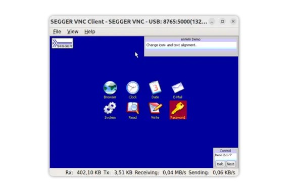 SEGGER VNC Client on macOS connected to STM32F746-DISCO board running emVNC Server virtual display playing SEGGER demo